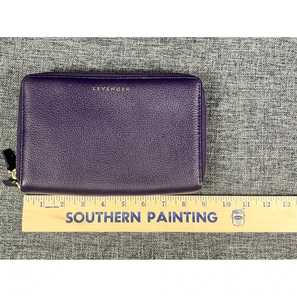 Levenger Purple Pebbled Leather Double Zip Wallet Organizer Phone Clutch Gold HW